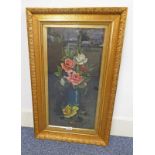 J CARRUTHERS GILT FRAMED OIL PAINTING ROSES SIGNED 59 X 24CM