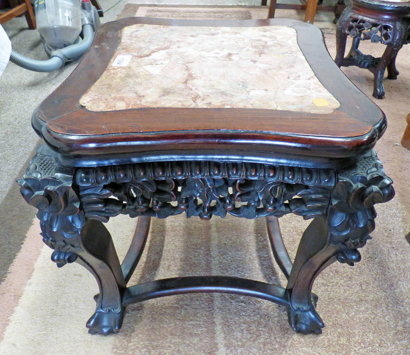 EARLY 20TH CENTURY CHINESE CARVED HARDWOOD PLANTSTAND WITH SHAPED SQUARE TOP AND PINK MARBLE INSET