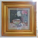 GORDON HENDERSON DA, JAPANESE TEACUP AND BOWL, SIGNED, GILT FRAMED OIL PAINTING,