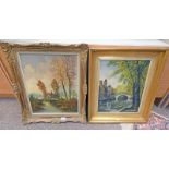 2 GILT FRAMED OIL PAINTINGS: RIVER SCENE WITH BRIDGE SIGNED M VAN LOOKE & RIVER SCENE WITH COTTAGE