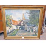 CONTINENTAL SCENE, SIGNED, GILT FRAME OIL PAINTING,