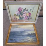 FRAMED OIL PAINTING ROSES SIGNED JANE ACONA - 40 X 60 CMS & FRAMED OIL PAINTING BATTLESHIPS AT