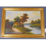 LATE 19TH CENTURY OR 20TH CENTURY GILT FRAMED OIL PAINTING COUNTRY SCENE INDISTINCTLY SIGNED - 38