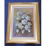 PATRICIA M, WHITE FLOWERS, SIGNED, GILT FRAMED OIL PAINTING,