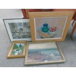 FRAMED WATERCOLOUR OF CANAL SCENE, GILT FRAMED OIL PAINTING OF ETHIE HAVEN COASTAL SCENE,