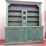 GREEN KITCHEN CABINET WITH SHELVED AND DRAWERED TOP OVER PANEL DOORS - LENGTH 216CM