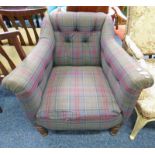 19TH CENTURY MAHOGANY FRAMED TUB CHAIR WITH MAHOGANY REEDED SUPPORTS