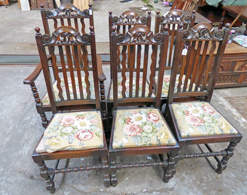 SET OF 6 OAK SLAT BACK DINING CHAIRS WITH CARVED DECORATION AND TURNED SUPPORTS