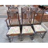SET OF 6 OAK SLAT BACK DINING CHAIRS WITH CARVED DECORATION AND TURNED SUPPORTS