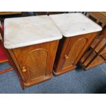 PAIR 19TH CENTURY MARBLE TOPPED MAHOGANY BEDSIDE CABINETS ON PLINTH BASES