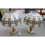 PAIR OF 20TH CENTURY BRASS TABLE LAMPS WITH LEADED GLASS EFFECT SHADES 55CM TALL