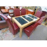 6 LEATHER COVERED HIGH BACK CHAIRS & RECTANGLE TABLE LENGTH 141 CM & MATCHING SIDE TABLE