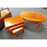 YEW WOOD NEST OF 3 TABLES & OVAL COFFEE TABLE