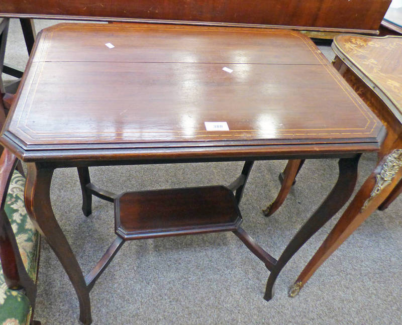 EARLY 20TH CENTURY MAHOGANY TABLE WITH SHAPED SUPPORTS & BOXWOOD INLAY