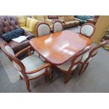 YEW WOOD EXTENDING TURN PEDESTAL DINING TABLE & SET OF 6 CHAIRS