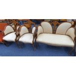 LATE 19TH CENTURY MAHOGANY FRAMED SETTEE WITH DECORATIVE BOXWOOD INLAY ON SHAPED SUPPORTS AND 2