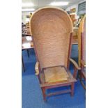 OAK ORKNEY CHAIR WITH FULL HOOD ON SQUARE TAPERED SUPPORTS Condition Report: 40cm