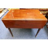 19TH CENTURY MAHOGANY PEMBROKE TABLE WITH 2 DROP LEAVES & BOX WOOD INLAY ON SQUARE TAPERED SUPPORTS