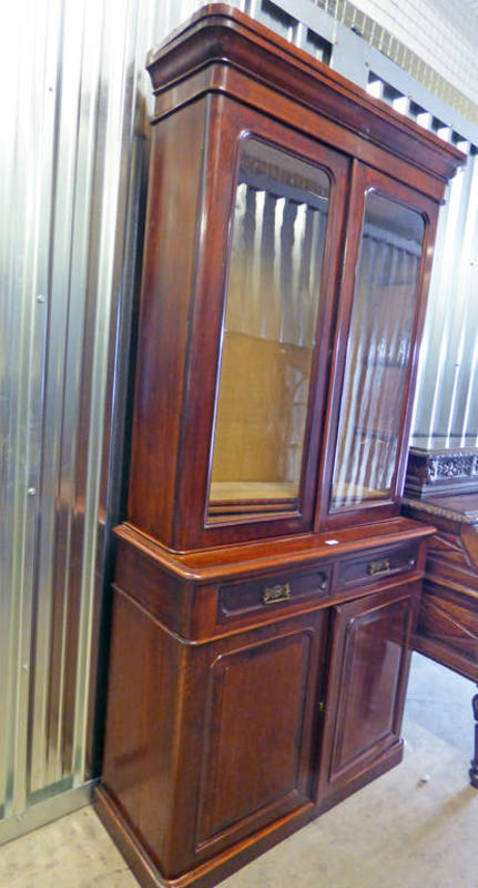 19TH CENTURY MAHOGANY BOOKCASE WITH 2 GLAZED PANEL DOORS OVER 2 DRAWERS OVER 2 PANEL DOORS ON