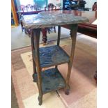 ARTS & CRAFTS STYLE SQUARE TOPPED TABLE WITH CARVED DECORATION AND 2 UNDER SHELVES ON SHAPED