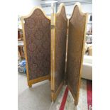 EARLY 20TH CENTURY 4 FOLD GILT SCREEN WITH DECORATIVE PANELS & SHAPED TOP - 183 CM TALL