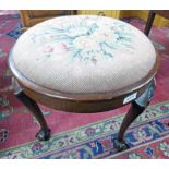 CIRCULAR MAHOGANY STOOL ON SHAPED SUPPORTS AND TAPESTRY TOP - 47CM DIAMETER