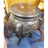 ORIENTAL POT STAND WITH CIRCULAR TOP AND CARVED DECORATION HEIGHT 62CM
