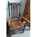 SET OF 7 EARLY 20TH CENTURY OAK DINING CHAIRS WITH BARLEY TWIST SUPPORTS INCLUDING 1 ARMCHAIR