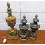 PAIR OF CARVED WOODEN FINIAL STYLE LAMPS AND A PAINTED WOODEN URN STYLE LAMP -3-