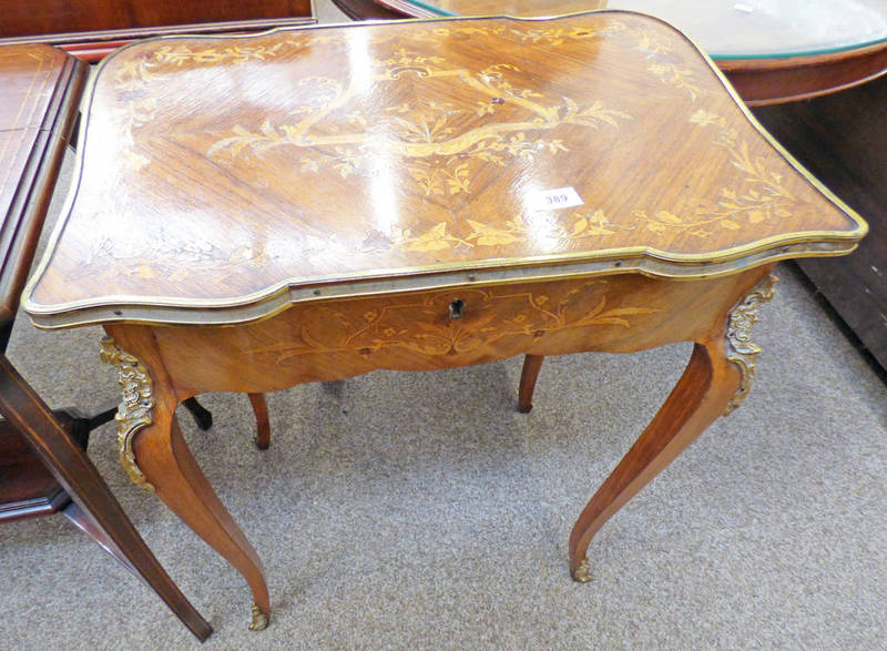 19TH CENTURY KINGWOOD TABLE WITH DECORATIVE INLAY & ORMOLU MOUNTS & SINGLE DRAWERS ON SHAPED