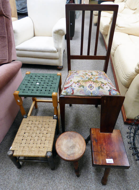 ARTS & CRAFTS STYLE CHILDS CHAIR AND EARLY 20TH CENTURY MAHOGANY CHAIR & CIRCULAR STOOL & 2 OTHER