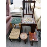ARTS & CRAFTS STYLE CHILDS CHAIR AND EARLY 20TH CENTURY MAHOGANY CHAIR & CIRCULAR STOOL & 2 OTHER