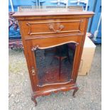 EARLY 20TH CENTURY MAHOGANY MUSIC CABINET WITH DRAWER OVER GLAZED PANEL DOOR ON CABRIOLE SUPPORTS