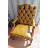 MAHOGANY FRAMED BUTTON BACK OPEN ARMCHAIR