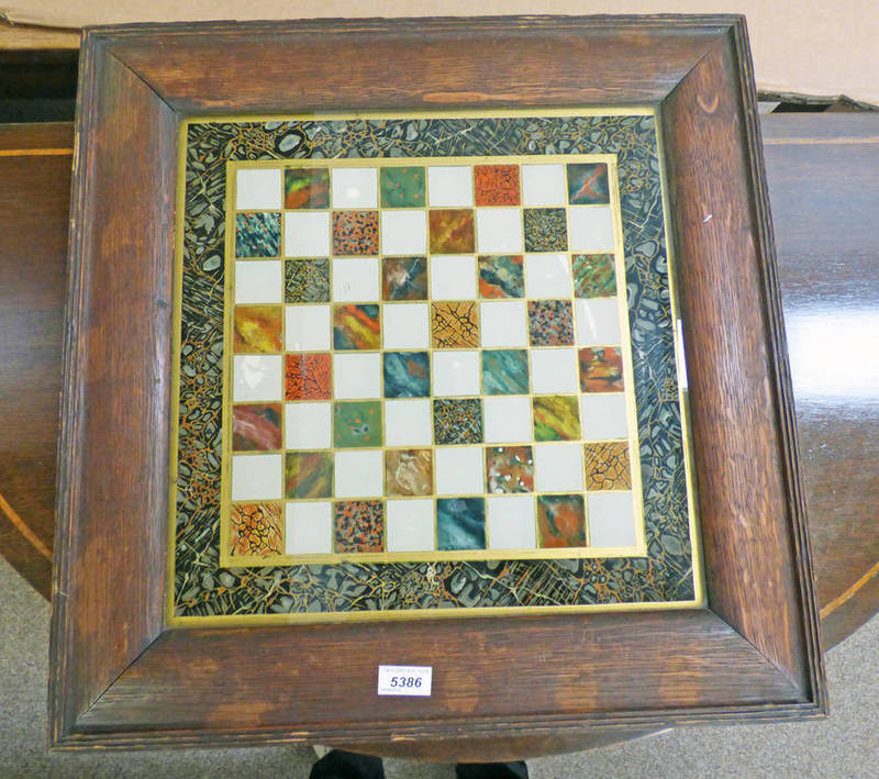 EARLY 20TH CENTURY OAK FRAMED GLASS CHESS BOARD - OVERALL SIZE 59 X 58 CM