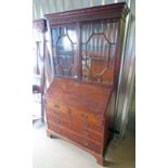 19TH CENTURY MAHOGANY BUREAU BOOKCASE WITH 2 ASTRAGAL GLASS DOORS OVER FALL FRONT OPENING TO FITTED