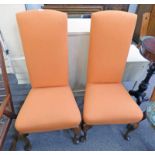 PAIR OF HALL CHAIRS WITH HIGH BACKS AND SHAPED OAK SUPPORTS
