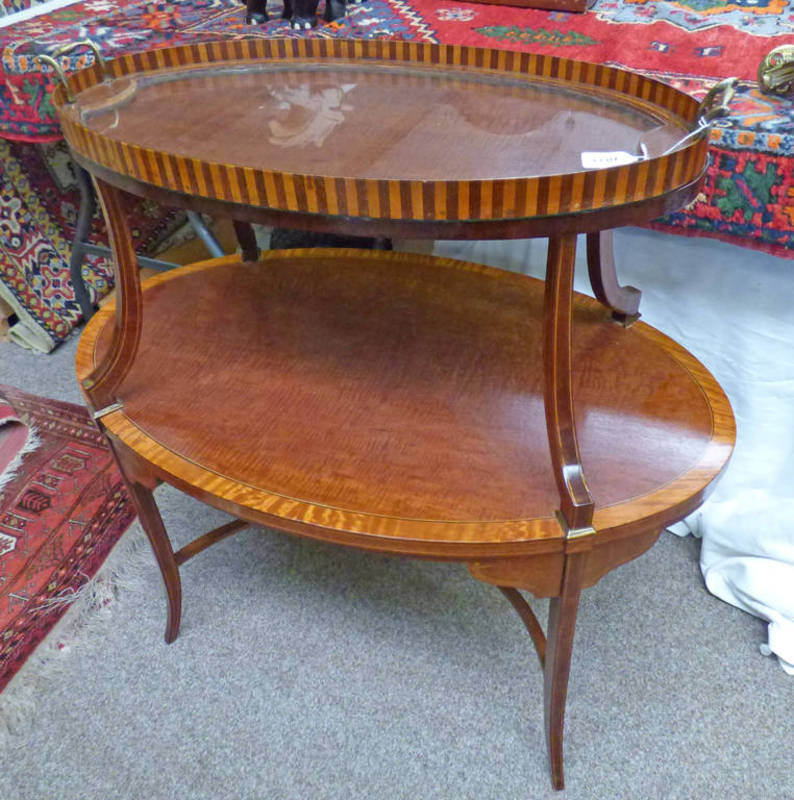 EARLY 20TH CENTURY TRAY TOP ETAGERE OVAL TABLE WITH DECORATIVE CROSSBANDING