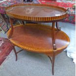 EARLY 20TH CENTURY TRAY TOP ETAGERE OVAL TABLE WITH DECORATIVE CROSSBANDING