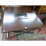 SQUARE TOPPED MAHOGANY COFFEE TABLE WITH GLASS INSERT 95CMS