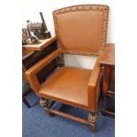 LATE 19TH CENTURY OAK & LEATHER ARMCHAIR ON BULBOUS SUPPORTS