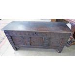 18TH CENTURY OAK COFFER WITH LIFT UP LID & CARVED DECORATION