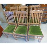 6 EARLY 20TH CENTURY OAK CHAIRS WITH BARLEY TWIST SUPPORTS & CARVED DECORATION