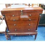 LATE 19TH CENTURY MAHOGANY CABINET WITH LIFT UP LID & DRAWER BELOW WITH BOXWOOD DECORATION