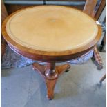 CIRCULAR MAHOGANY TABLE WITH LEATHER TOP ON CENTRE COLUMN