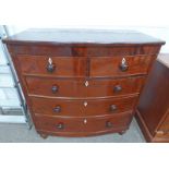 19TH CENTURY MAHOGANY BOW FRONT CHEST WITH 2 SHORT OVER 3 LONG DRAWERS ON TURNED SUPPORTS