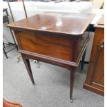 EDWARDIAN INLAID MAHOGANY COCKTAIL CABINET WITH OPEN OUT TOP WITH RISE AND FALL TRAY ON SQUARE