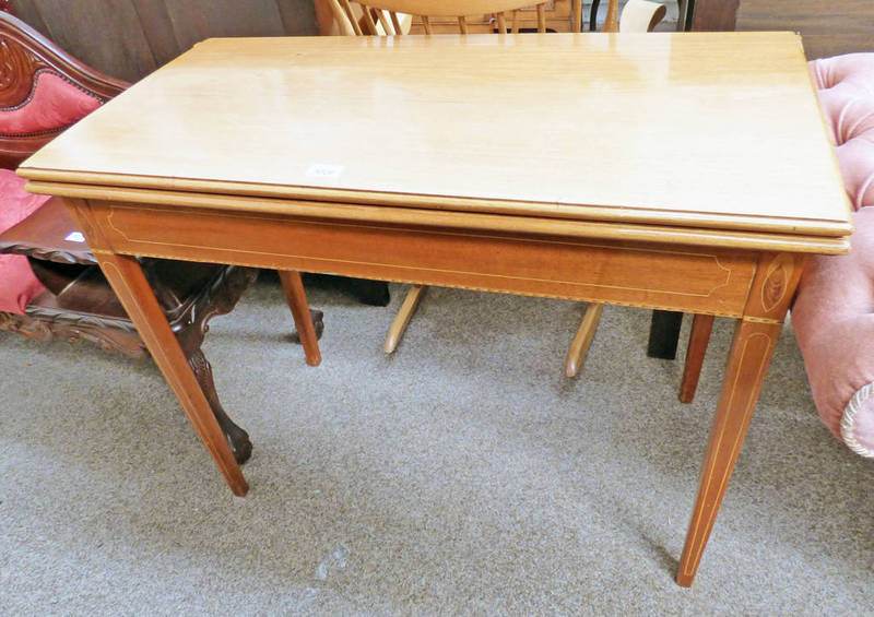 19TH CENTURY INLAID MAHOGANY TURNOVER TEA TABLE ON SQUARE SUPPORTS Condition Report: