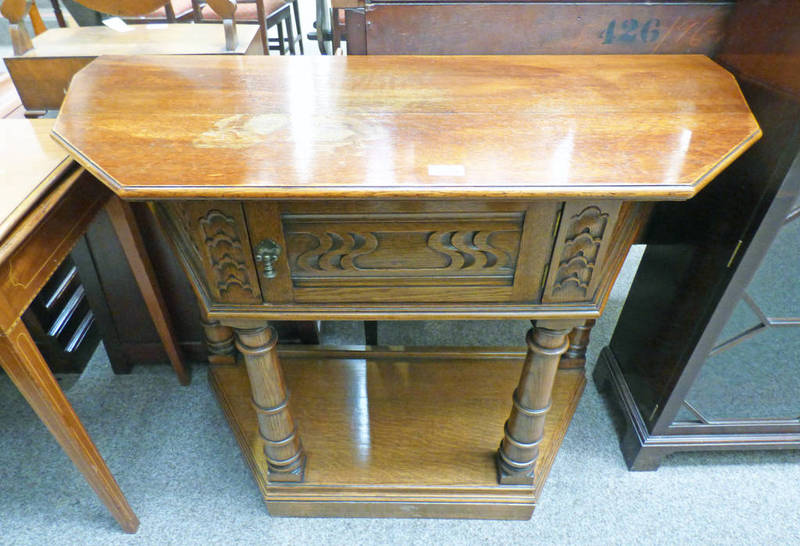 LATE 19TH CENTURY OAK HALL TABLE WITH CARVED PANEL DOOR AND TURNED SUPPORTS - 101CM LONG