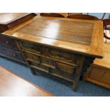 ORIENTAL HARDWOOD CHEST OF 7 DRAWERS AND CARVED DECORATION 81 CM TALL